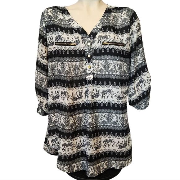 Rue 21 Black and White Elephant Blouse Size XL - Picture 1 of 4